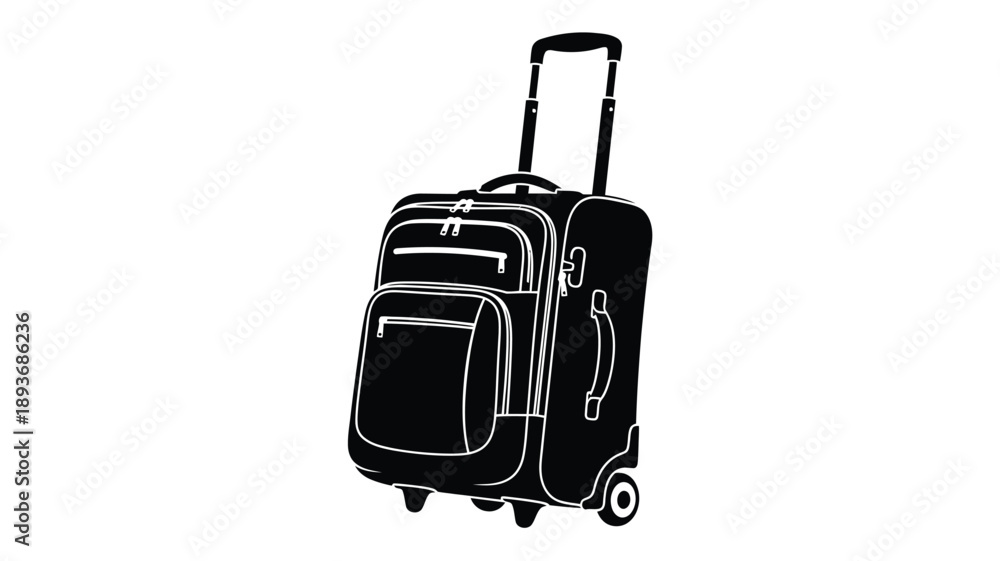 Fototapeta premium Black rolling suitcase isolated on white background a striking silhouette