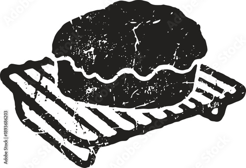 Grilled steak on barbecue grill with smoke, rustic vintage illustration