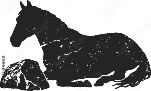 Silhouette of a resting horse beside a rock on a white background, simple rustic design illustration