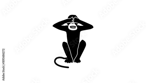 monkey with a hand over his eyes, black isolated silhouette