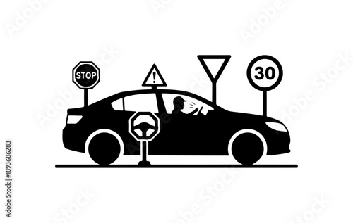 Silhouette of Car with Road Signs