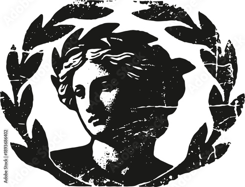 Classical roman bust illustration surrounded by laurel wreath in vintage