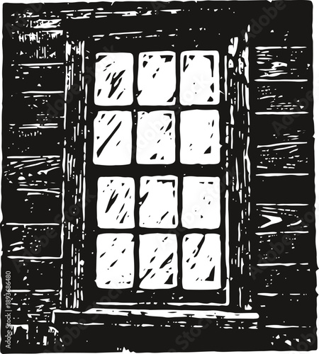 Rustic wooden window with multiple small glass panes in vintage frame design