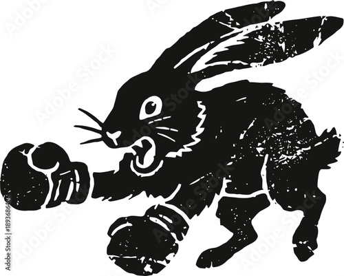 Fighting rabbit wearing boxing gloves in aggressive stance vintage illustration