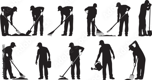 Silhouettes of men engaged in various gardening and cleaning activities, showcasing different tools and poses