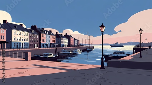Coastal harbor with colorful waterfront houses and moored boats at sunset - stylized vector illustration