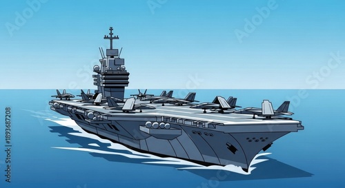 An aircraft carrier sails through calm blue waters under a clear sky
