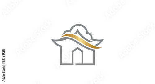 Minimalist House Logo with Golden Cloud and Wave Design.