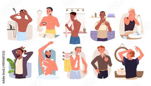 Men practicing daily grooming, skincare, shaving, and hygiene activities in bathroom settings, highlighting modern self-care habits, isolated on white background vector illustration
