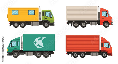 Colorful cartoon illustration of various semi trucks and freight transport vehicles