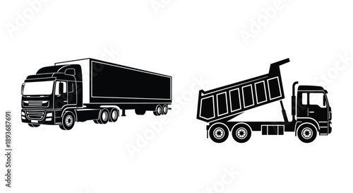 black and white truck and semi trailer illustrations