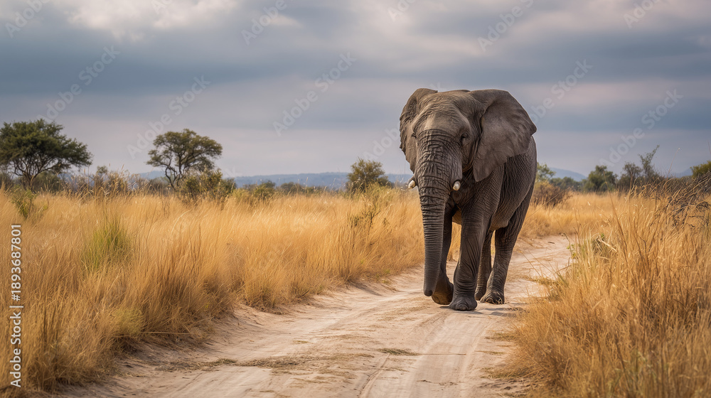 Obraz premium African elephant with large ears and tusks standing in the wild savanna