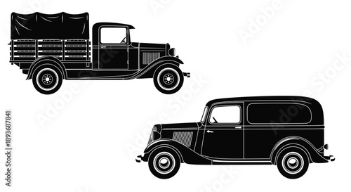 Vintage vehicles a classic truck and a sedan shown in black silhouette