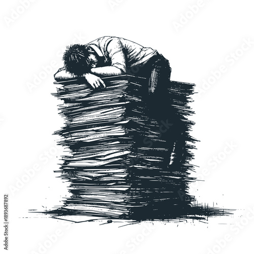 A male employee fell asleep on a pile of his work papers.