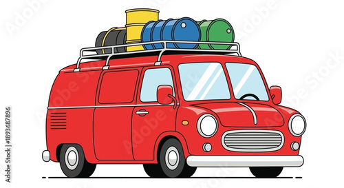 A red van overloaded with colorful barrels and containers on its roof