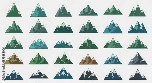 A collection of various mountain icons in different shades of green and blue on a white background