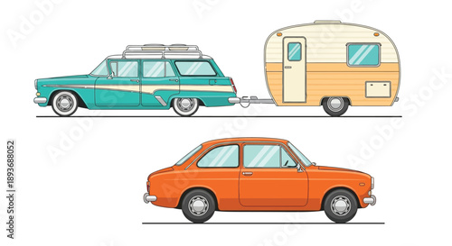 Vintage cars and camper trailer illustration in a retro style