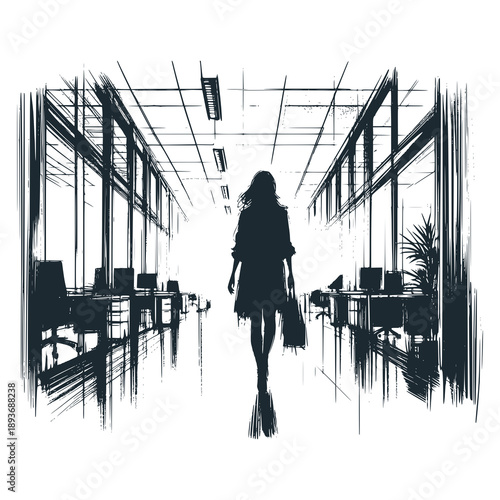 a woman walking through an empty office corridor after hours