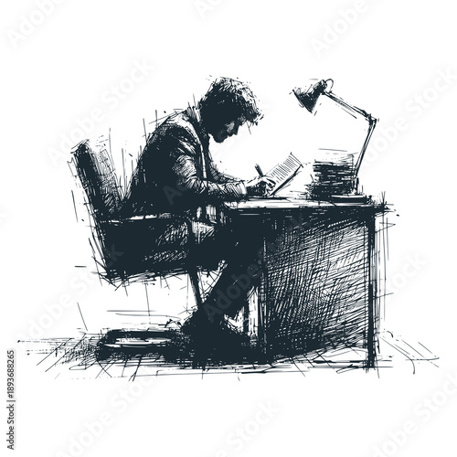 A man pausing at his desk, hands resting quietly