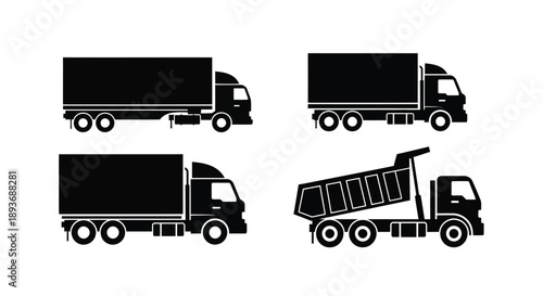 Four black silhouette icons of different heavy duty commercial vehicles