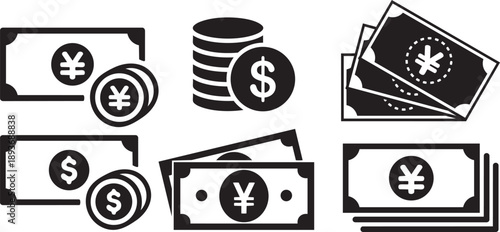 Monetary Symbols:  A collection of monetary symbols representing financial elements, including coins and currency, are presented in this image.