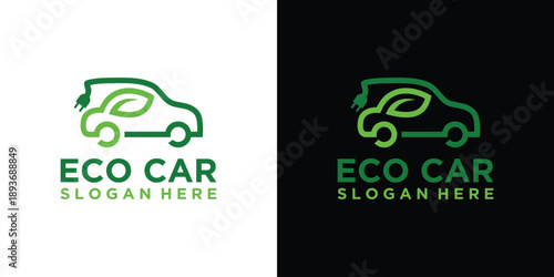 Eco Car Logo Design with Leaf Symbol and Slogan.