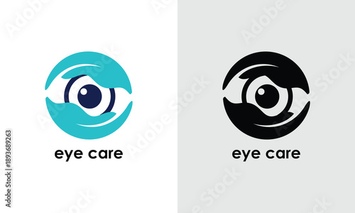 Eye care logo design with hands protecting the eye in a circle.