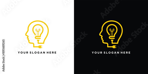 Creative lightbulb head logo design for innovative business ideas.
