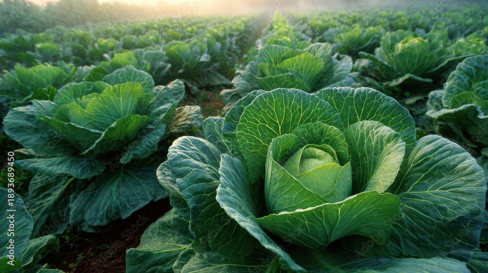 Obraz premium Growing cabbage in a lush green field during sunrise, capturing nature's beauty and the promise of a bountiful harvest