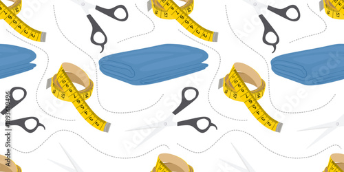 Seamless sewing pattern with measuring tape, scissors, and fabric. Modern design for fabric prints, fashion branding, textile production, stationery, packaging, and creative backgrounds. Vector