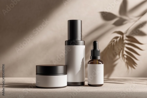 Luxury Skincare Packaging Set on Stone Pedestals, Minimal Beige Cosmetic Mockup with Copy Space