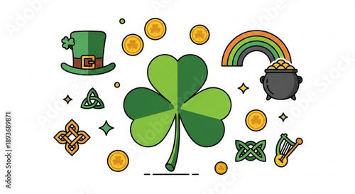 St patrick's day symbols four leaf clover rainbow pot of gold leprechaun hat celtic knots luck irish heritage festive gold coins