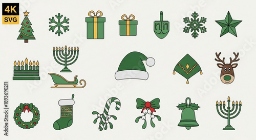 Christmas and hanukkah symbols icons and decorations in green gold and brown on white background