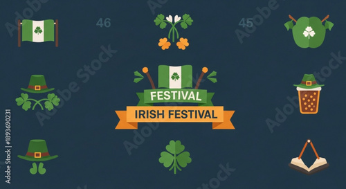 Irish festival icons set with shamrocks hats beer and flag on dark blue background for st patrick's day celebration