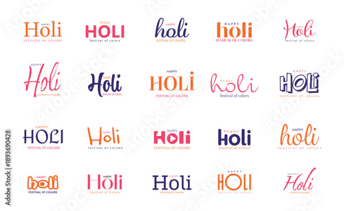 Happy Holi Indian festival of colors typography design set. Happy Holi text. Vector illustration.