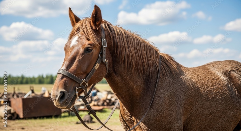 Fototapeta premium Brown Horse Wearing Bridle in a Sunny Field