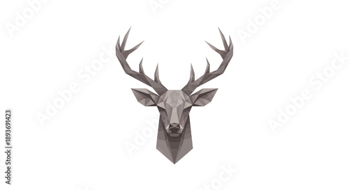 Polygonal deer head with antlers on white background.