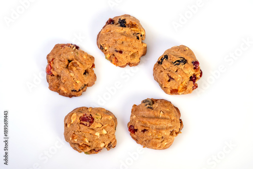 Cookies with freeze dried fruits on white background. Cookies homemade delicious and favorise.