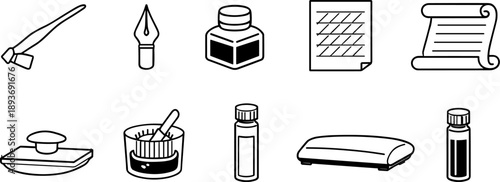 Collection of vintage writing tools and stationery items in a simple line art style