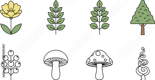 Collection of simple, stylized nature icons including flowers, leaves, trees, mushrooms, and berries