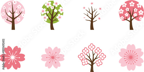 Collection of stylized cherry blossom trees and flowers in various pink and green hues