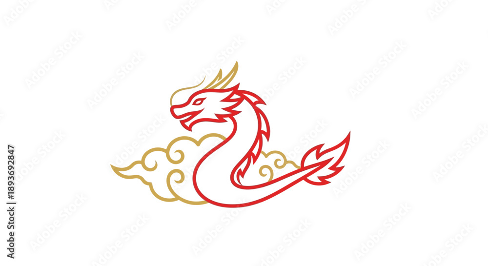 Fototapeta premium Red Dragon with Golden Clouds Illustration.