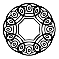 A black and white intricate circular design with an octagonal center and swirling patterns