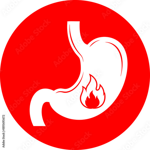 Stomach pain icon with flame symbolizing acid reflux, heartburn and digestive health issue