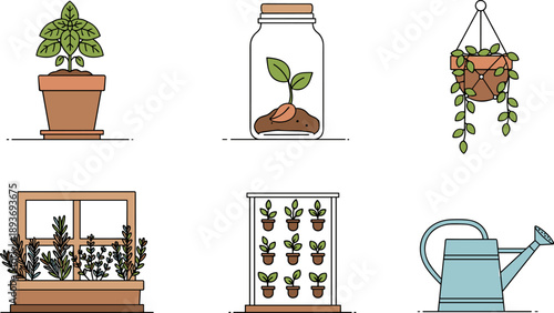 Collection of illustrated plants in pots, jars, and window boxes with watering can