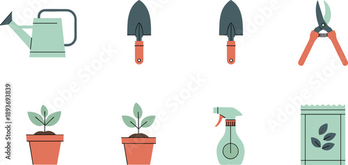 Gardening tools and supplies for planting and plant care, flat design icons