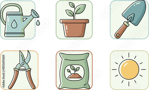 Gardening icons set: watering can, plant, trowel, shears, fertilizer, and sun