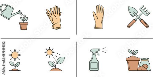 Gardening icons illustrating plant care, watering, sunlight, and tools for growth