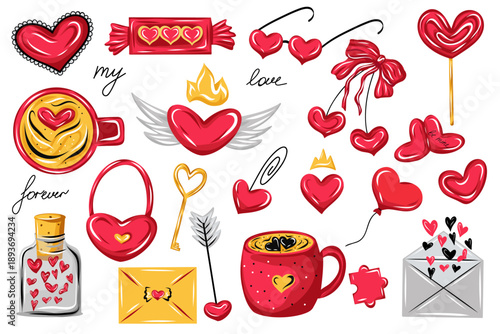Valentine's Day love icon set with hearts, candy, coffee cups, envelope, bottle, key, bow and romantic symbols, vector illustration in cute cartoon style for cards, stickers, packaging, designs