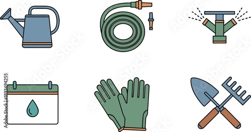Gardening tools and supplies icons for watering, planting, and lawn care